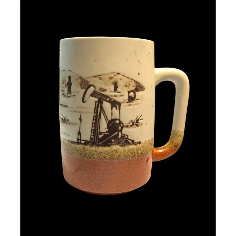 Vintage Otagiri Oil Well Scene Stoneware Mug - Brown & Beige Speckled Design - Picture 1 of 5